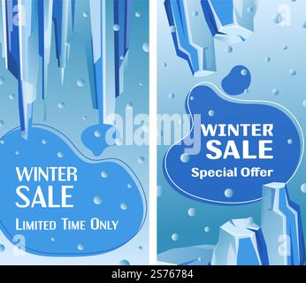 Sonderangebot für Kunden im Winterangebot, zeitlich begrenzte Preisreduzierung und Kostenreduzierung für Kunden. Eis- und Schneelandschaft mit Eisbergen und Eiswürfeln, saisonales Angebot. Vektor in abgewickelter Form. Winterangebot, nur für begrenzte Zeit Sonderangebote Stock Vektor