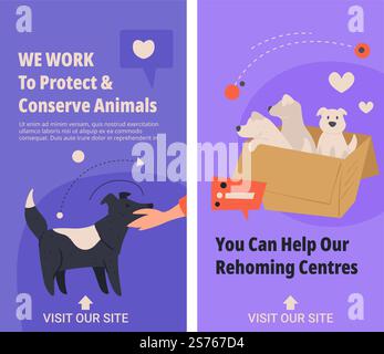 Helfen Sie unseren Heimtierzentren, wir arbeiten am Schutz und der Erhaltung von Tieren. Pflege von Hunden und Katzen, Füttern und gesund halten. Hand berührendes Hündchen, Eckzähne im Karton-Banner. Vektor in abgewickelter Form. Wir arbeiten daran, Tiervektoren zu schützen und zu erhalten Stock Vektor