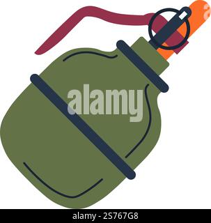 Handgranate mit Pin, Waffen und Bewaffnung. Zerstörerische Arme zum Werfen auf große Distanz. Fang mit Gewehr, Trägerrakete und Korpus. Isoliertes Symbol der Sprengwaffe. Vektor in abgewickelter Form. Bombensprengwaffen, Handgranate mit Nadel Stock Vektor