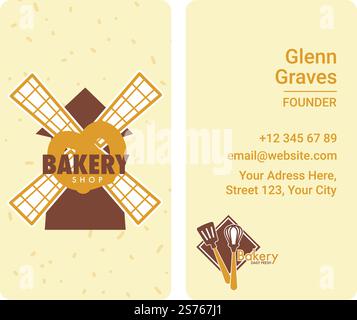 Visitenkarte mit Kontaktinformationen, Name des Gründers, Website und Telefonnummer mit Adresse des Geschäfts oder Geschäfts. Bäckerei Haus mit Gebäck und Süßwaren Waren. Vektor in abgewickelter Form. Bäckerei-Geschäft Visitenkarte mit Kontaktinformationen Vektor Stock Vektor