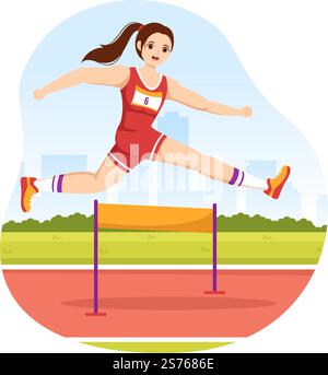 Athlete Run Hürde Long Jump Sportman Game Illustration in Obstacle Running für Webbanner oder Landing Page in Flat Cartoon Hand Drawn Templates Stock Vektor
