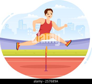 Athlete Run Hürde Long Jump Sportman Game Illustration in Obstacle Running für Webbanner oder Landing Page in Flat Cartoon Hand Drawn Templates Stock Vektor