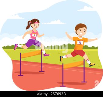 Kindersportler Run Hürde Long Jump Sportsman Game Illustration in Obstacle Running für Webbanner oder Landing Page in handgezeichneten Cartoon-Vorlagen Stock Vektor