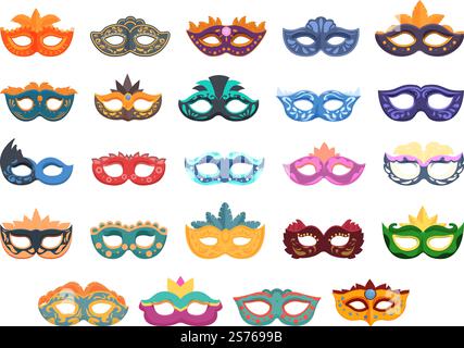 Karneval von Venedig Ikonen setzen Cartoon Vektor. Kostümmaske. Heldenmann. Karneval von Venedig Ikonen setzen Cartoon Vektor. Kostümmaske Stock Vektor