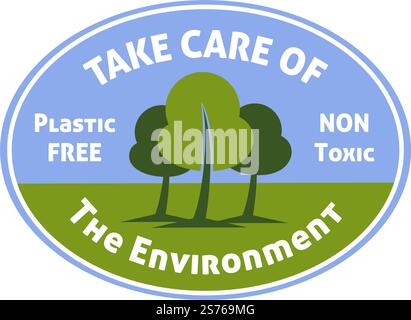 Ungiftige Verpackung ohne Kunststoff, achten Sie auf die Umwelt. Leading Zero Waste Lifestyle und Unterstützung der Natur, Erhaltung von Grünflächen. Produktemblem oder -Etikett, Verpackungsanhänger mit Informationen. Vektor in abgewickelter Form. Achten Sie auf die Umwelt, kunststofffrei, ungiftig Stock Vektor