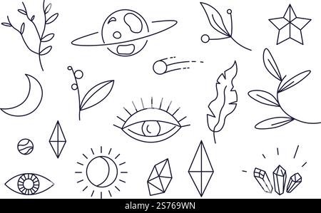 Minimalistische magische Symbole von Sternen und Planeten, Laub und Blumenzweige oder Zweige mit Blättern. Isolierter Mond und Stern, Kristall und Auge, fallender Komet oder Asteroidenskizze. Vektor in abgewickelter Form. Konstellationen und minimalistische Zaubersymbole Vektor Stock Vektor