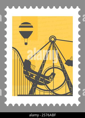Poststempel oder Postkarte mit Sehenswürdigkeiten und Freizeitangeboten aus dem Vergnügungspark. Postzeichen oder Karte, Postbrief und Korrespondenz. Einfarbige Skizzenkontur. Vektor in abgewickelter Form. Attraktionen und Unterhaltung im Vergnügungspark Stock Vektor