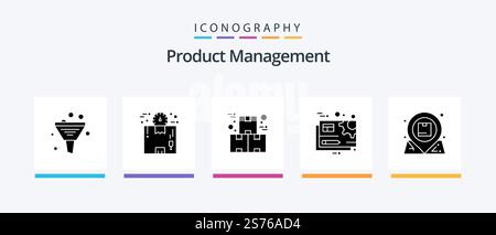 Produktmanagement Glyph 5 Icon Pack inklusive Ausrüstung. Dokument. Paket. Produktion. Industrie. Kreatives Symboldesign Stock Vektor