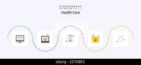 Health Care Flat 5 Icon Pack mit Zähnen. Ordner. Diagnose. Aufzeichnen. Datei Stock Vektor