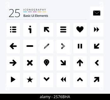 Basis-UI-Elemente 25 Solid Glyph Icon Pack inklusive Hochzeit. Das Herz. Pfeil. Liebe. Aufgabe Stock Vektor