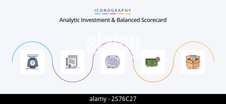 Analytische Investitionen und Balanced Scorecard Line Filled Flat 5 Symbolpaket einschließlich Dollar. Banknoten. Grad. Steigung. Konvergenz Stock Vektor