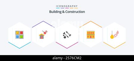 Building and Construction 25 Flat Icon-Paket mit Schaukel. Gebäude. Gebäude. Haus. Baugewerbe Stock Vektor