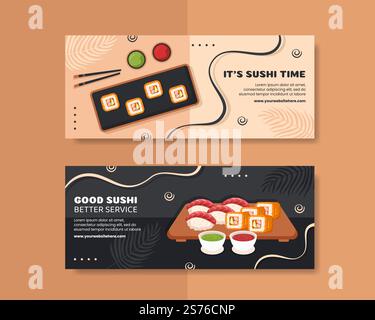 Japanisches Sushi oder asiatisches Essen Horizontalbanner flache Cartoon handgezeichnete Vorlagen Illustration Stock Vektor
