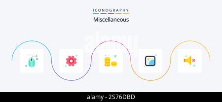 Miscellaneous Flat 5 Icon Pack mit Sound. Bargeld. Fotos. Galerie Stock Vektor