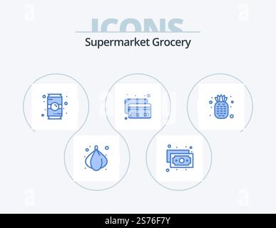 Supermarkt Blue Icon Pack 5 Icon Design. . Obst. Kaffee. Essen. Kredit Stock Vektor