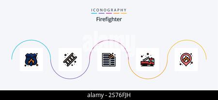 Firefighter Line Filled Flat 5 Icon Pack mit Hilfe. Notfall. Treppe. Alarm. Haus Stock Vektor