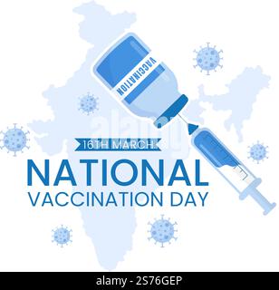 Nationaler Impftag am 16. März Illustration mit Impfspritze für starke Immunität in flachem Cartoon Hand Drawn to Landing Page Template Stock Vektor
