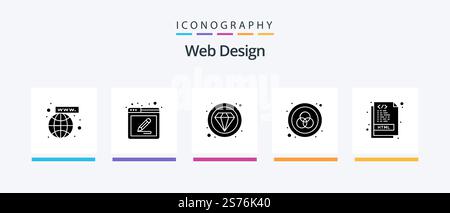 Web Design Glyph 5 Icon Pack Mit . Kodierung. Teuer. html. Web. Kreatives Symboldesign Stock Vektor
