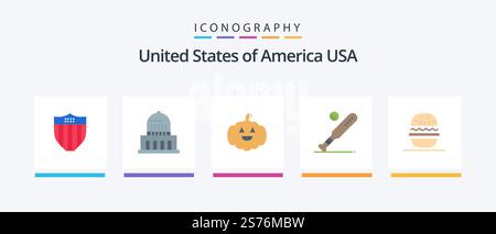 USA Flat 5 Icon Pack inklusive Eat. usa. pumkin. Sport. Baseball. Kreatives Symboldesign Stock Vektor
