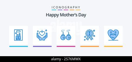 Happy Mothers Day Blau 5 Icon Pack mit mama. Das Herz. Ohrringe. Qualität. Eine Medaille. Kreatives Symboldesign Stock Vektor