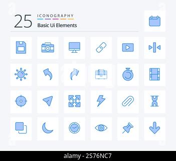 Grundlegende UI-Elemente 25 Blaues Symbolpaket mit Paly. Metall. Computer. Stift. Clip Stock Vektor