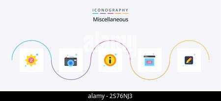 Miscellaneous Flat 5 Icon Pack mit Stift. Kodierung. Ungefähr. Web. Code Stock Vektor