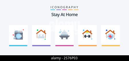Stay At Home Flat 5 Icon Pack mit Routine. Nach Hause. Arbeit. Übung. Quarantäne. Kreatives Symboldesign Stock Vektor