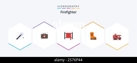 Firefighter 25 Flat Icon-Paket mit Feuerwehrmann. Feuer! Feuer! Notfall. Sicherheit Stock Vektor