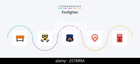 Firefighter Flat 5 Icon-Paket inklusive Evakuierung. Notfall. Zugriff. Karte. Feuer Stock Vektor