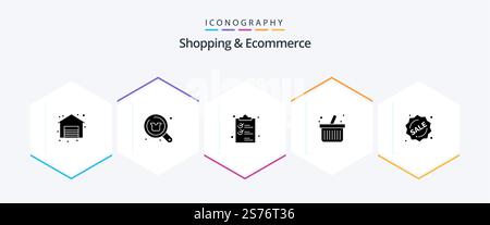 Shopping und E-Commerce 25 Glyph Icon Pack inklusive Etikett. Einkaufen. Clip. Online-Shopping. Einkaufen Stock Vektor