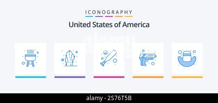 Usa Blue 5 Icon Pack Mit . Kap. Fledermaus. amerikaner. Die Armee. Kreatives Symboldesign Stock Vektor