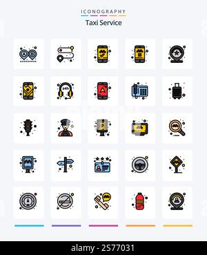Creative Taxi Service 25 Zeile gefüllt Symbolpaket, z. B. Bewertung. Nummer. Online-Taxibuchung. Standort. Ein Taxi Stock Vektor