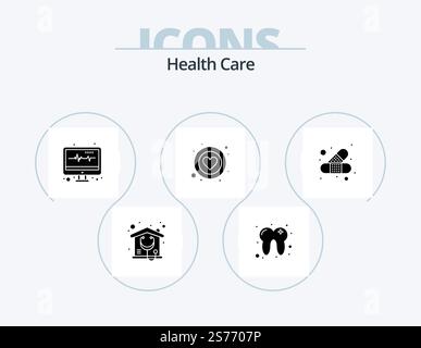 Health Care Glyph Icon Pack 5 Icon Design. Band. Schlag. Das Herz. Pflege Stock Vektor