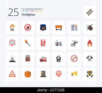 Firefighter 25 Flat Color Icon Pack inklusive Haus. Feuer! Schild. Es brennt. Straße Stock Vektor