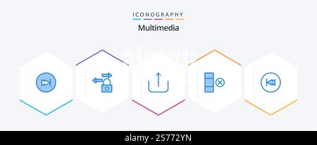 Multimedia 25 Blue Symbolpaket mit Rücklauf. Rückwärts. benutzeroberfläche. Zurück. Zeile Stock Vektor