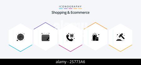 Shopping und E-Commerce 25-Glyph-Icon-Paket einschließlich Auktion. Einkaufen. Ruf an. Einkaufen. Einkaufen Stock Vektor