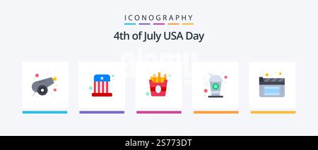 USA Flat 5 Icon Pack mit Folie. Kino. Schnell. Limonade. cola. Kreatives Symboldesign Stock Vektor
