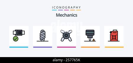 Mechanics Line Filled 5 Symbolpaket Mit . Öl. Kühler. Kraftstoff. Getriebe. Kreatives Symboldesign Stock Vektor