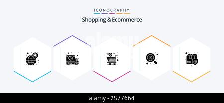 Shopping und E-Commerce 25-Glyph-Symbolpaket inklusive Lieferung. Suchen. LKW. e-commerce. Einkaufen Stock Vektor