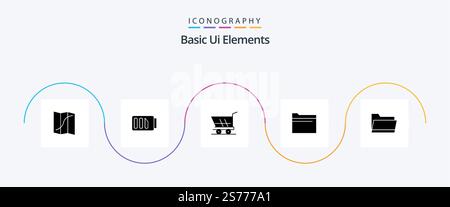 Grundlegende UI-Elemente Glyph 5 Symbolpaket einschließlich Öffnen. Lagerung. Gerätewagen. Daten. Ordner Stock Vektor