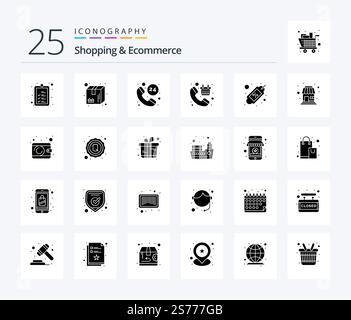 Shopping und E-Commerce 25 Solid Glyph Icon Pack inklusive Coupon. Check-out. Lieferung. Korb. Ruf an Stock Vektor