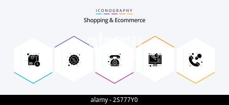 Shopping und E-Commerce 25 Glyph Icon Pack inklusive Center. Speichern. Kontakt. Einkaufen. Marketing Stock Vektor