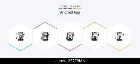 Android App 25 Line Symbolpaket mit Scheck. Mobil. Kontakt. Spiel. Anw Stock Vektor