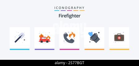 Firefighter Flat 5 Icon Pack mit Arzt. Tasche. Feuer! Werkzeug. Feuer! Kreatives Symboldesign Stock Vektor