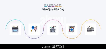 USA Line Filled Flat 5 Icon Pack mit Brücke. usa. Gebäude. Liebe. Weiß Stock Vektor
