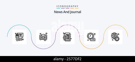 News Line 5 Icon Pack inklusive International. Live-Update. Ungefähr. Zeit. Alarm Stock Vektor