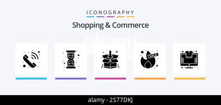 Shopping und Commerce Glyph 5 Icon Pack inklusive Shopping. Verkauf. Feld. Angebot. Feuer! Kreatives Symboldesign Stock Vektor