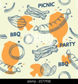 Gegrilltes Fleisch und Gemüse, Picknickparty mit leckeren Gerichten und Gemüse. Pommes frites und Würstchen, Pommes frites und Zwiebelringe. Nahtloser Druck von Mustern, Hintergrundbildern oder Hintergrundbildern. Vektor in abgewickelter Form. Picknickparty, gegrilltes Fleisch und Gemüse Stock Vektor