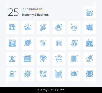 Economy und Business 25 blaue Symbolpakete einschließlich Gesetz. Lösung. Architektur. Reparieren. Entwicklung Stock Vektor