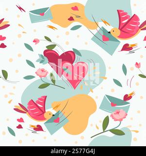 Fliegende Vögel mit Liebesbriefen in Umschlägen, Gruß zum Valentinstag und Feiertag. Herzen und Rosen, Blumen. Nahtloser Druck von Mustern, Hintergrundbildern oder Hintergrundbildern. Vektor in abgewickelter Form. Valentinstag, Vögel und Briefe Stock Vektor